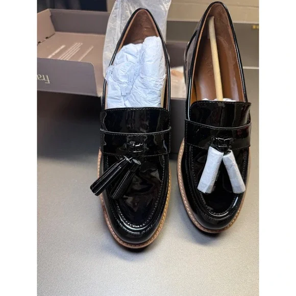 Franco Sarto Womens Black Patent Tassel Loafers Platform Lug Sole  7.5M - Picture 2 of 15